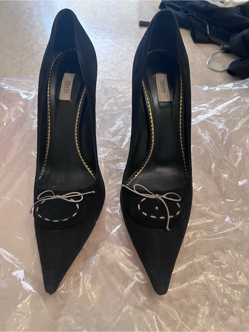 Prada Black Suede Pointed Toe Pumps with Bow Accent